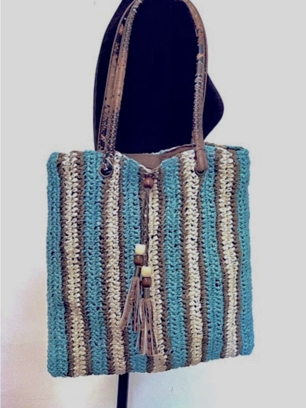E Ferri Crochet Straw Tote Aqua Brown Shoulder Bag Boho Beach